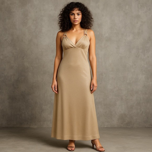 Vintage 70s 80s Champagne Gold Maxi Dress Talon Zipper Empire Waist Disco Gown Vintage 70s 80s Champagne Gold Maxi Dress Talon Zipper Empire Waist Disco Gown